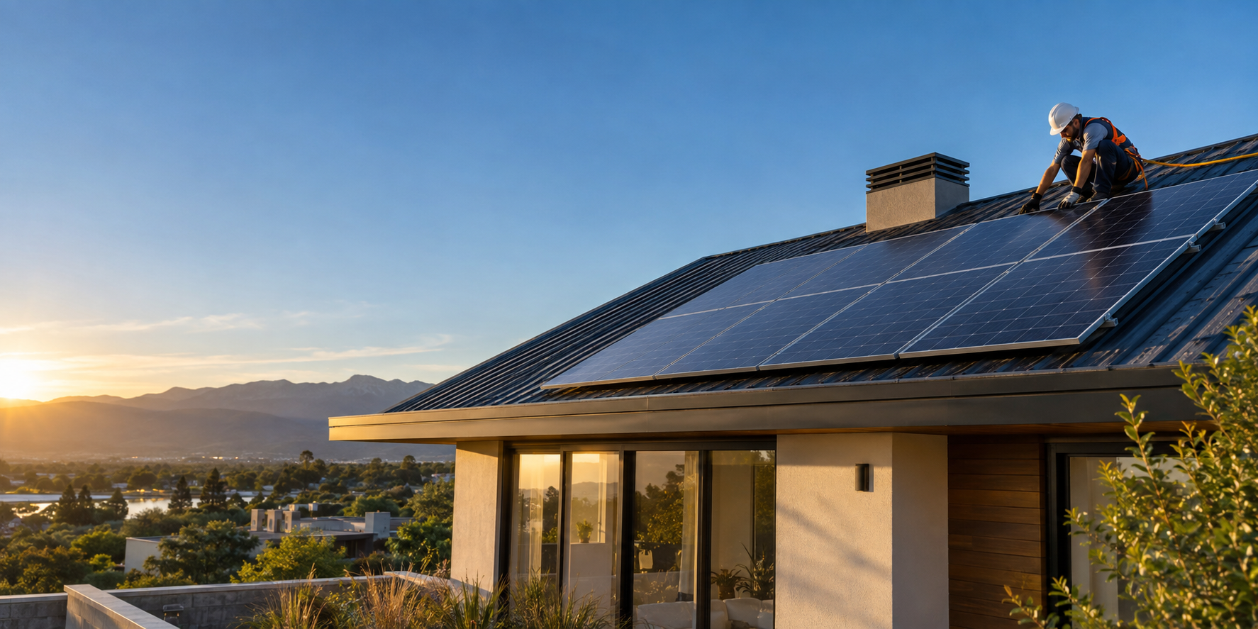 Instalador revisando paneles solares en el techo de una vivienda