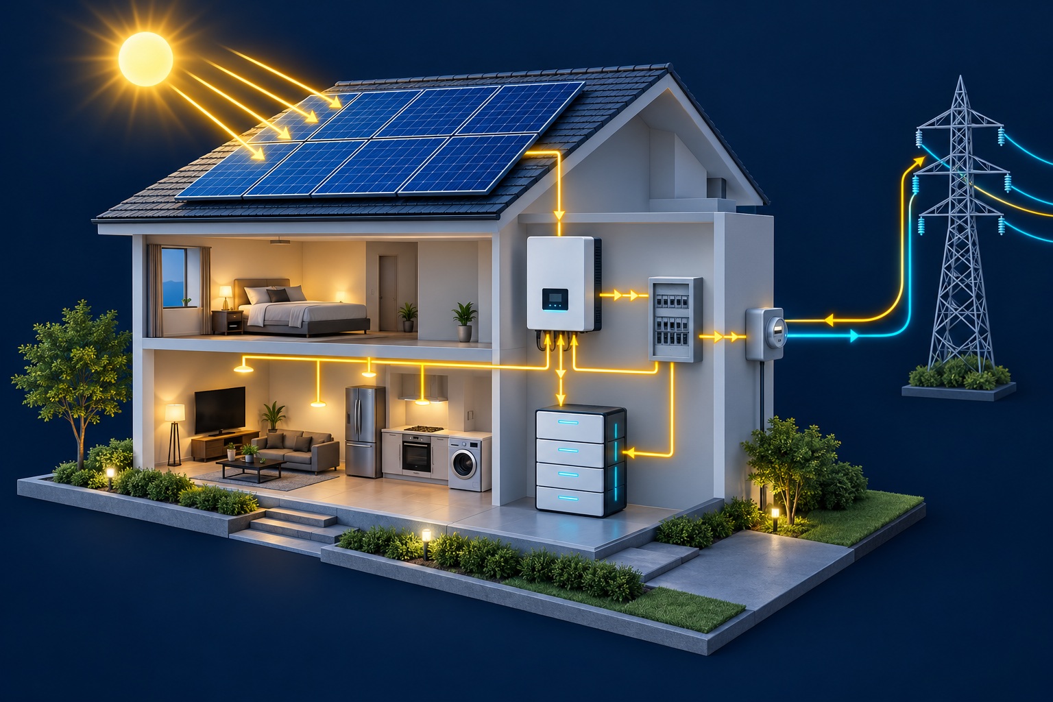 Esquema ilustrado de paneles, inversor, batería, vivienda y red eléctrica
